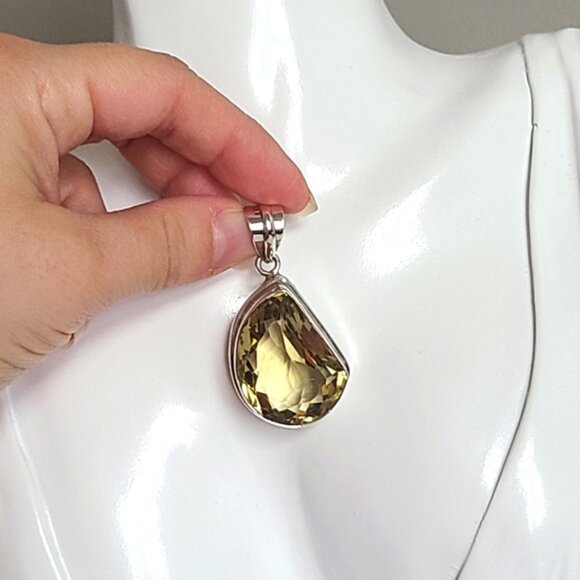 Vintage Boho Sterling Silver Huge Large Chunky Yellow Citrine Crystal Pendant - Picture 2 of 12